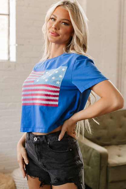 Real Teal American Flag Pattern Crewneck Tee