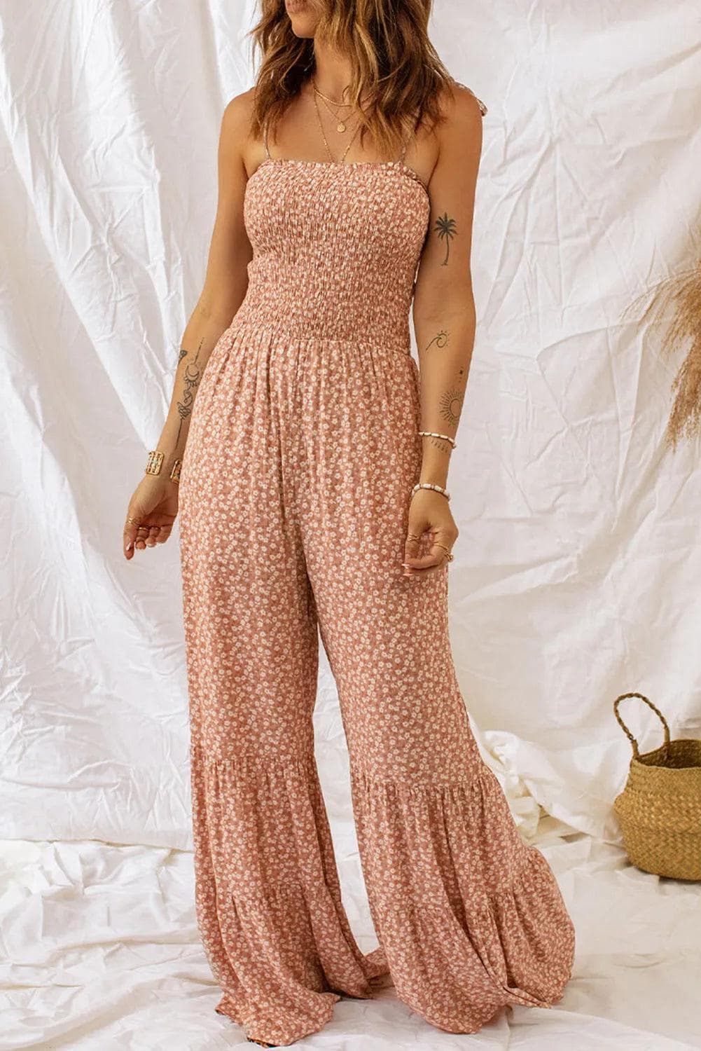 Bottoms/Jumpsuits & Rompers Khaki / S / 100%Polyester Khaki Thin Straps Smocked Bodice Wide Leg Floral Jumpsuit