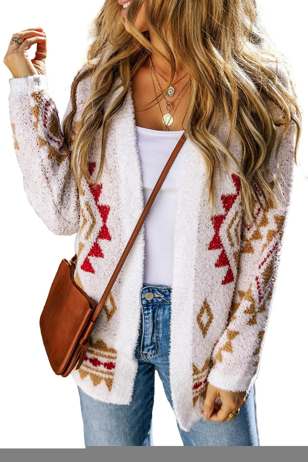 White Aztec Pattern Open Knitted Cardigan - Chic Meadow Boutique 