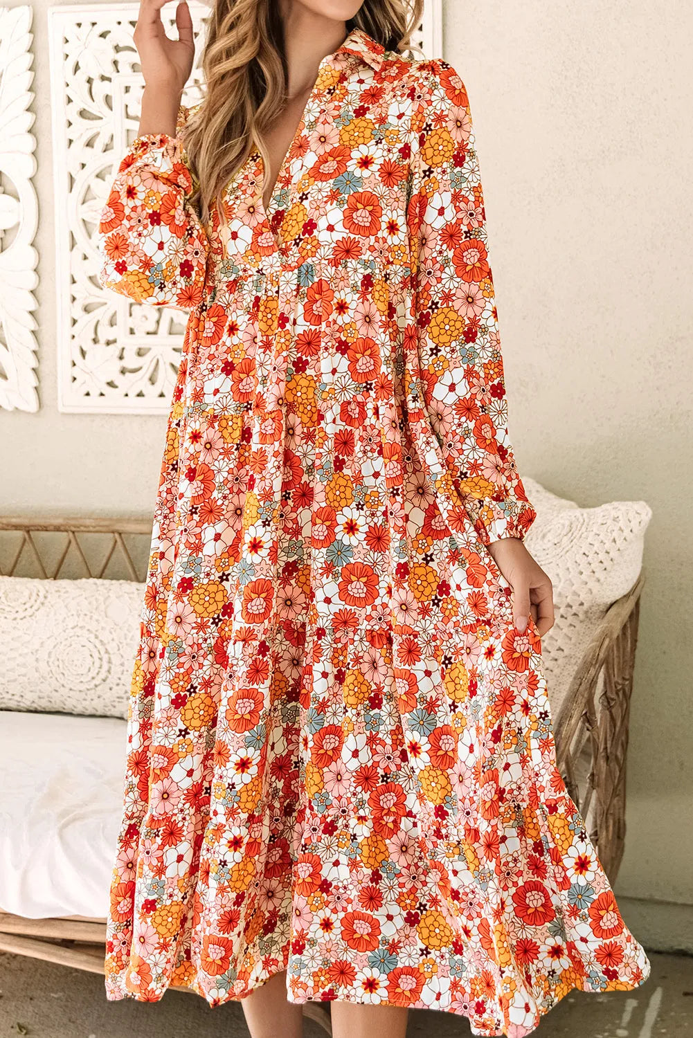 Dresses/Floral Dresses Multicolor Boho Floral Collared Long Sleeve Ruffled Dress