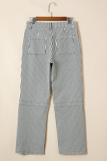 Black Stripe Patch Pocket High Waist Shift Denim Jeans