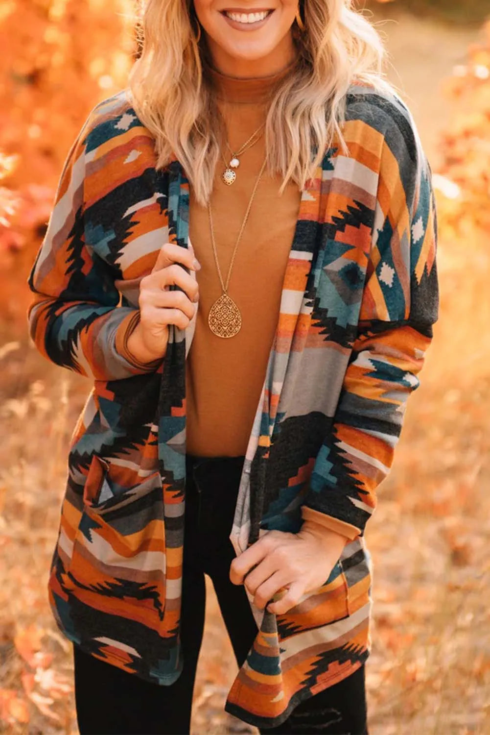 Orange Western Tribal Aztec Print Cardigan - Chic Meadow Boutique 