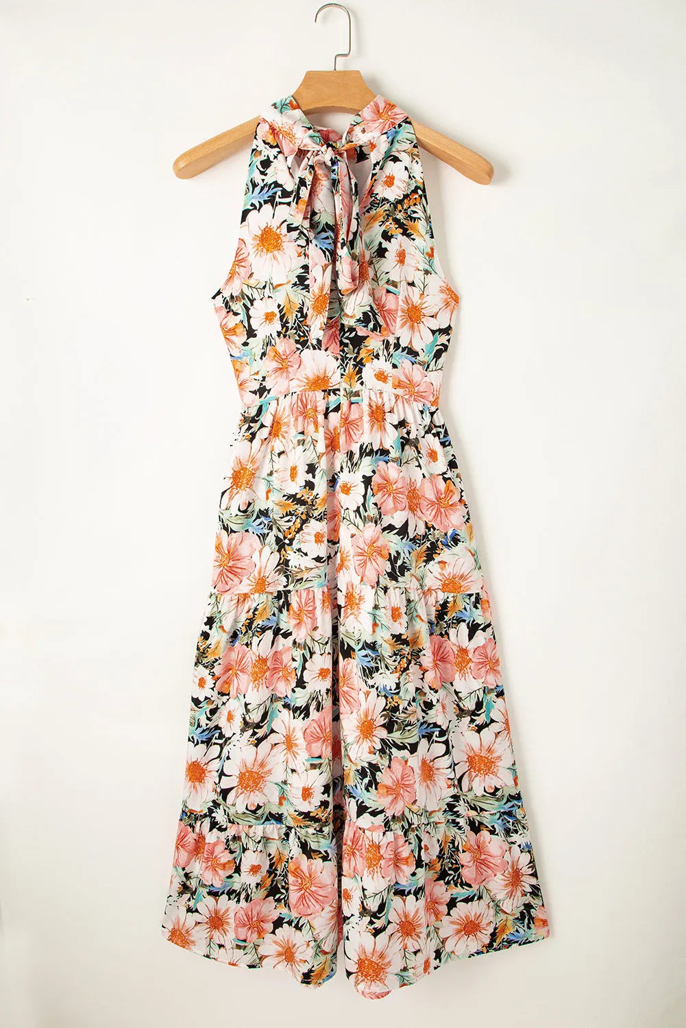 Black Boho Floral Print Knotted Halter Ruffled Maxi Dress - Chic Meadow Boutique 