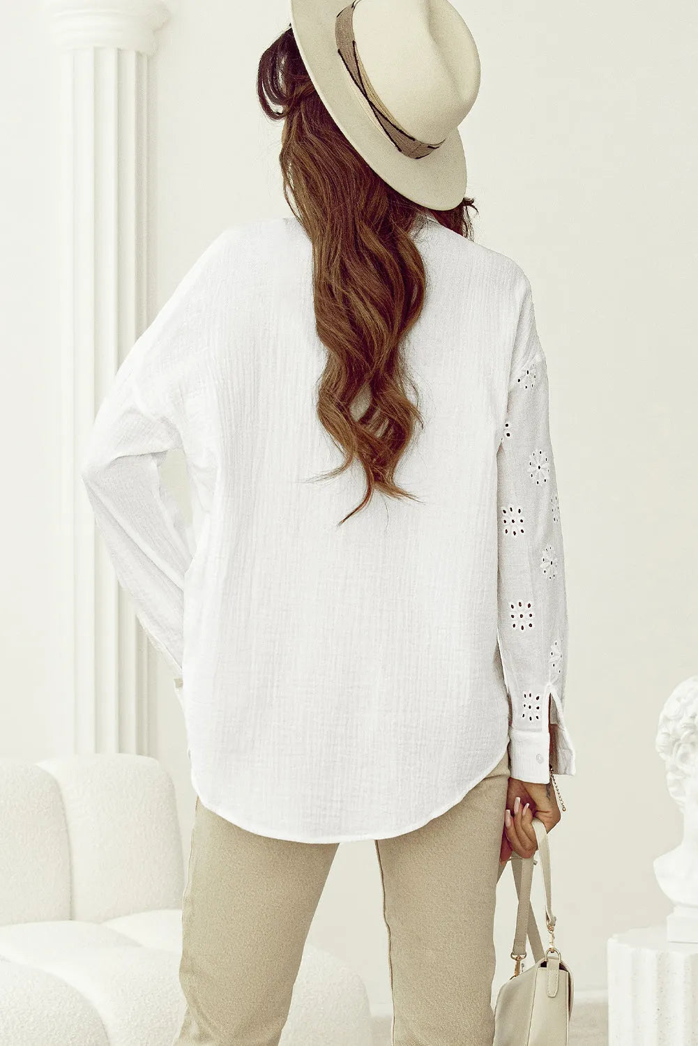 White Broidered Anglaise Crinkle Loose Shirt - Chic Meadow Boutique 