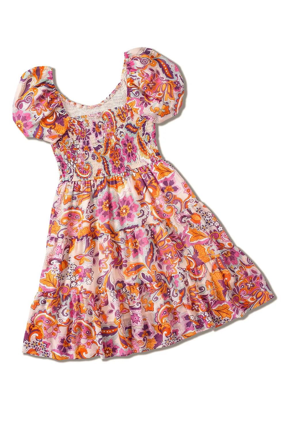 Multicolor Boho Print Smocked Ruffled Puff Sleeve Mini Dress - Chic Meadow Boutique 