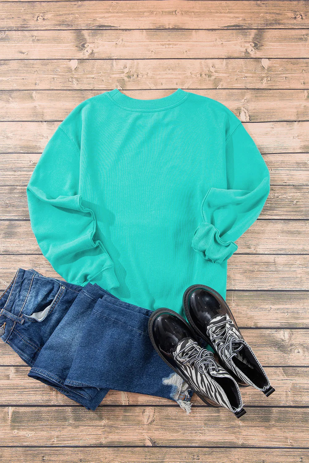 Aruba Blue Plain Drop Shoulder Crewneck Pullover Sweatshirt - Chic Meadow Boutique 