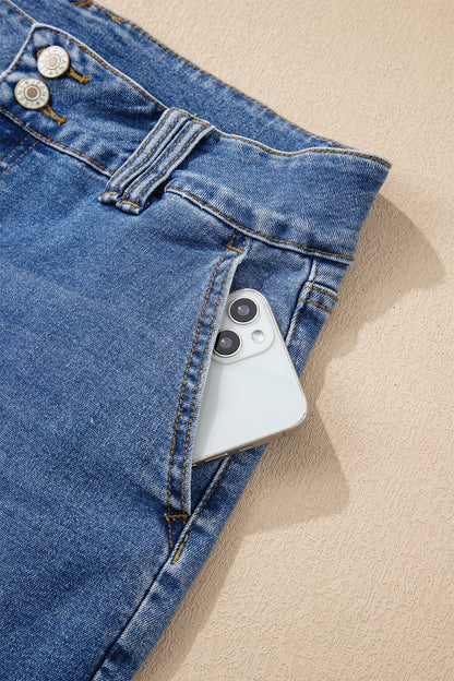 Sky Blue Double Button Zip Fly Straight Leg Jeans