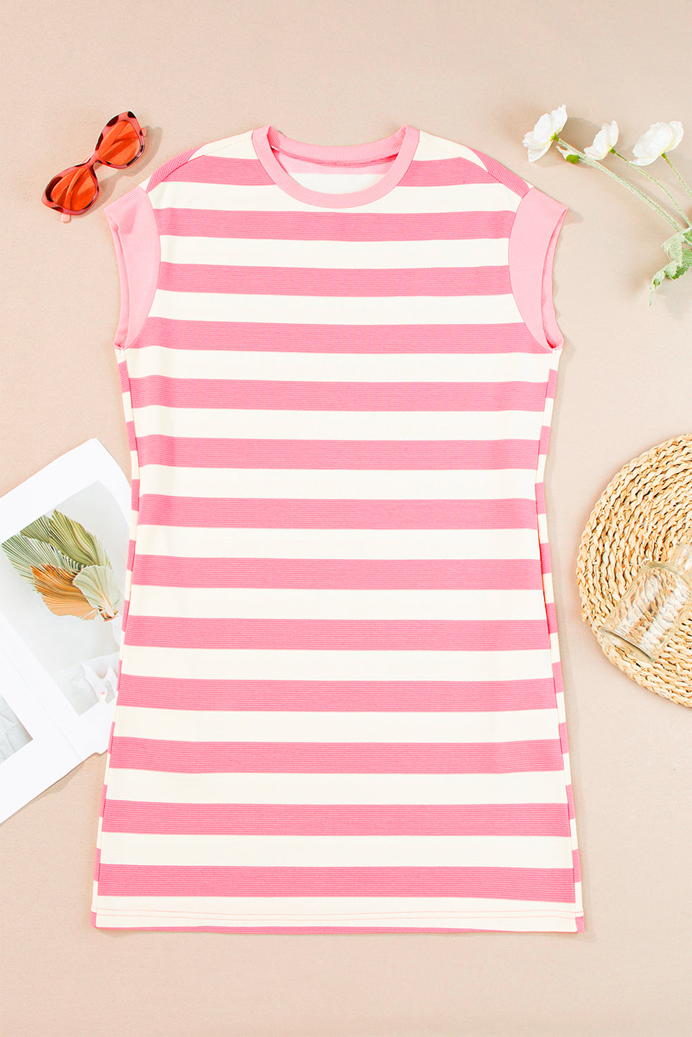 Pink Stripe Cap Sleeve Shift T Shirt Dress