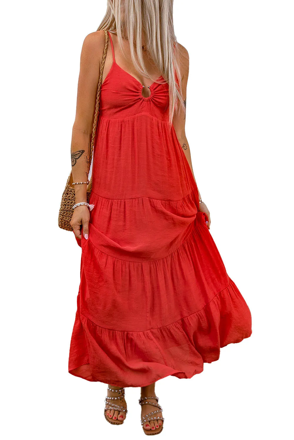 Red O-ring Smocked Back Spaghetti Straps Tiered Maxi Dress - Chic Meadow Boutique 