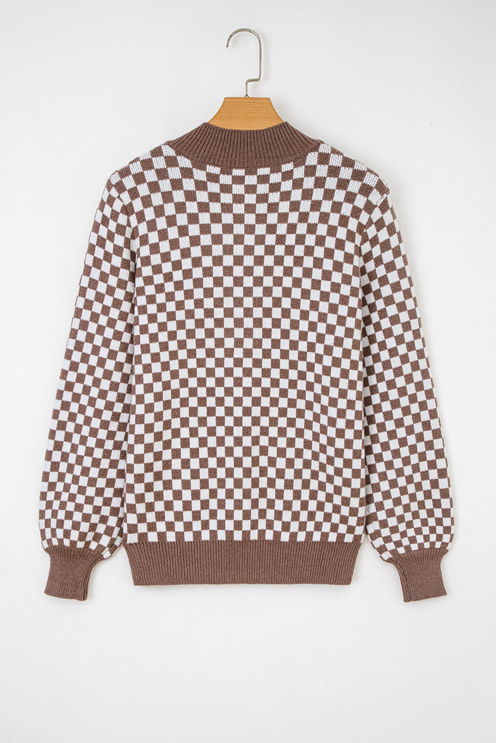 Dark Brown Half Button Ribbed Trim Checkerboard Knit Sweater