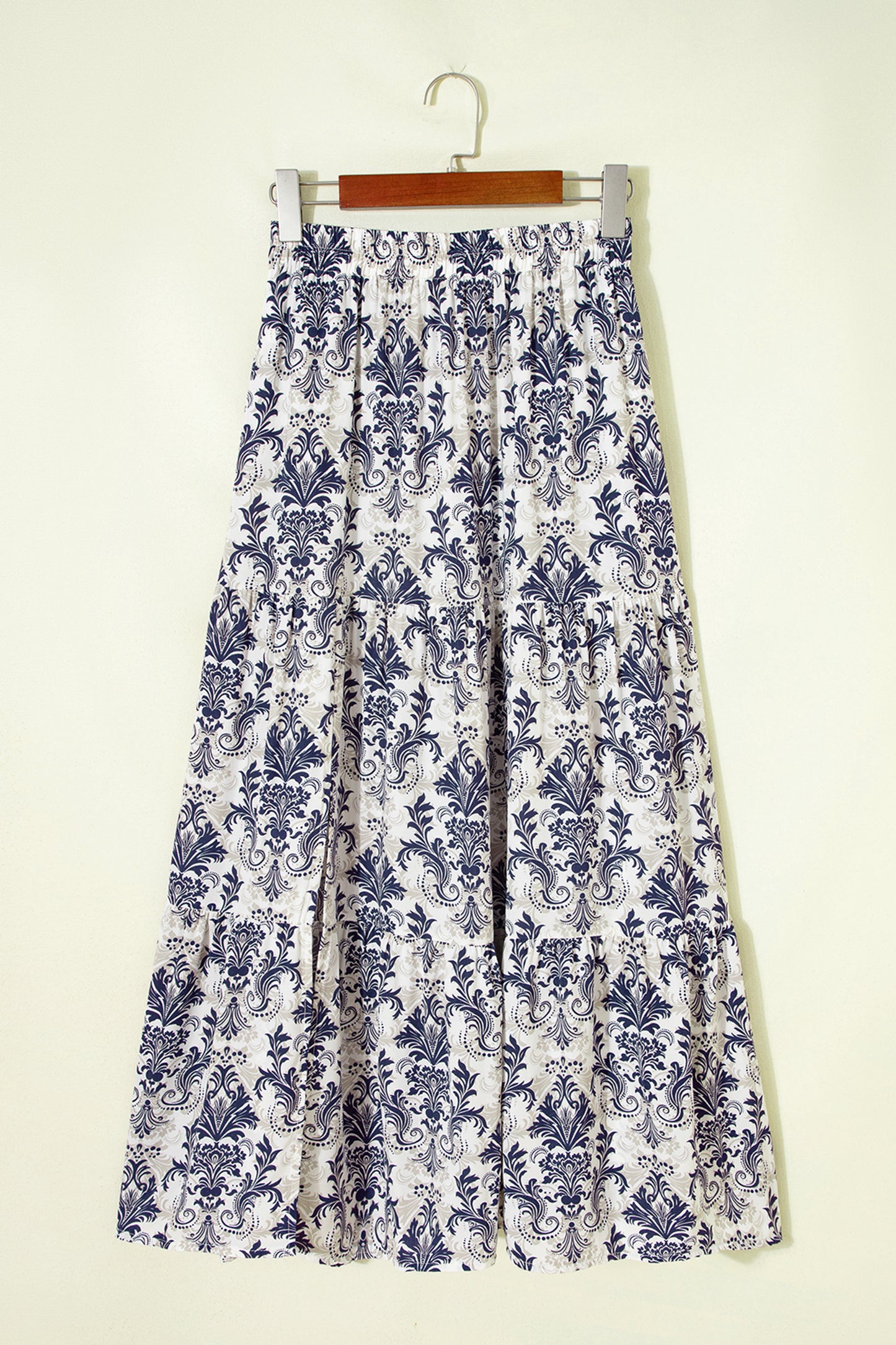 Blue Bohemian Floral Print Tiered Maxi Skirt with Split