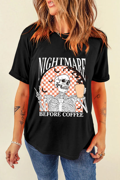 Black Nightmare Before Coffee Skull Checkerboard Graphic Halloween Tee - Chic Meadow Boutique 