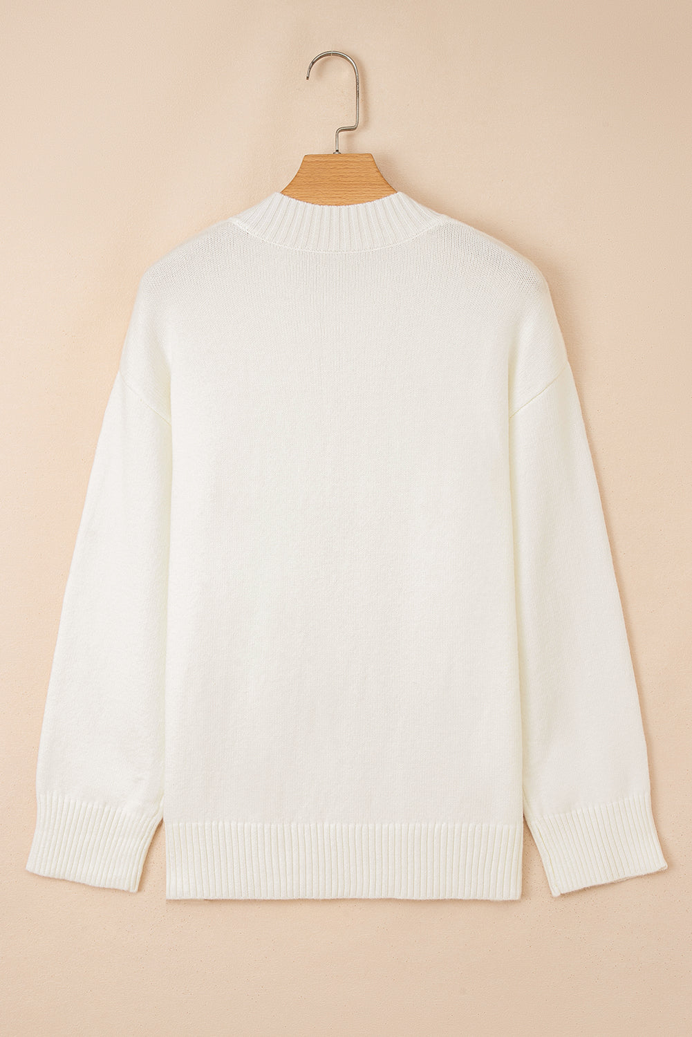 White Embroidered Flower Bouquet Ribbed Trim Loose Sweater