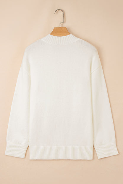 White Embroidered Flower Bouquet Ribbed Trim Loose Sweater