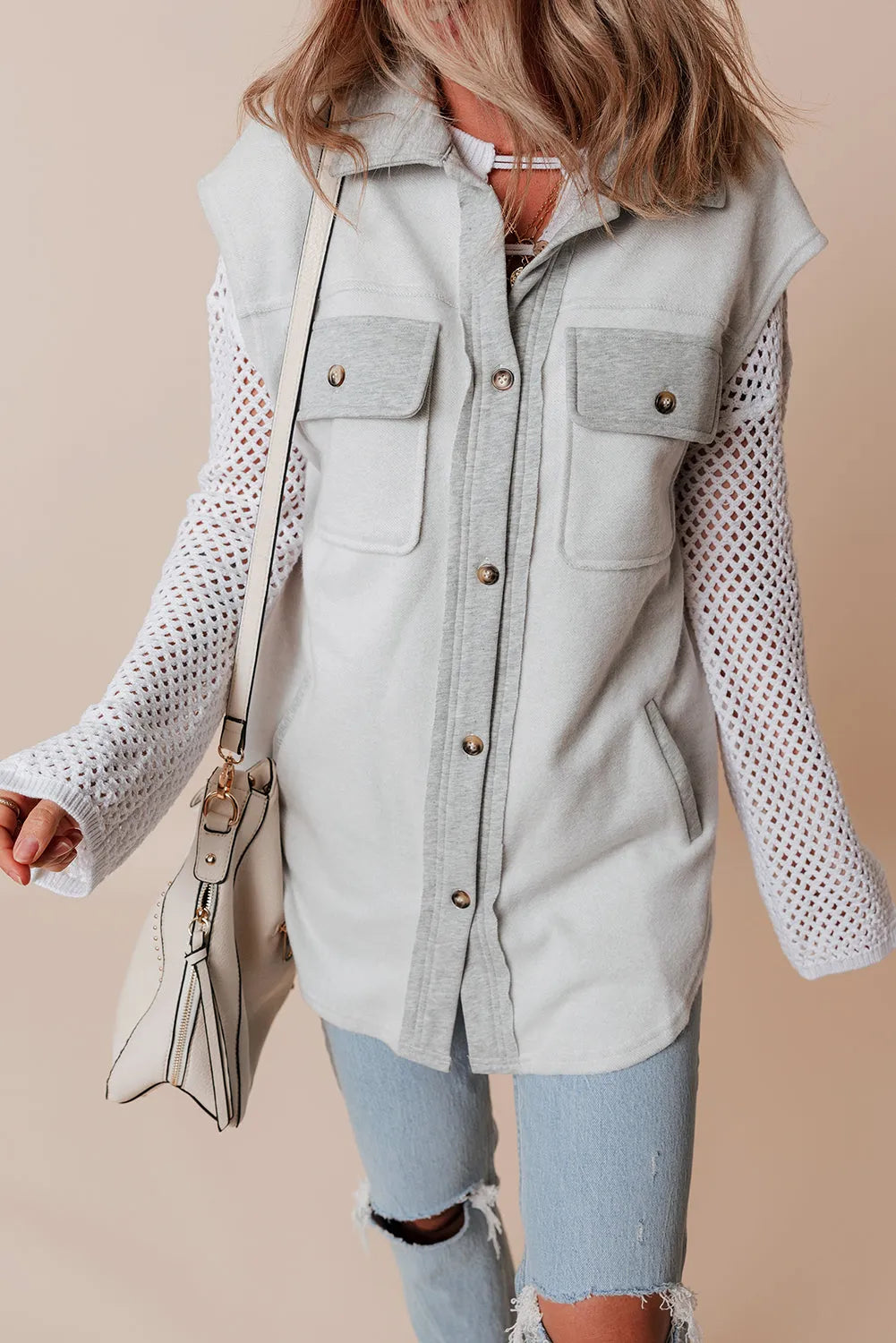 Light Grey Flap Pockets Contrast Buttons Front Jacket Vest - Chic Meadow Boutique 