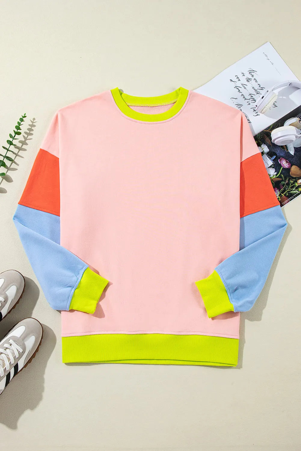 Light Pink Plus Size Colorblock Patchwork Crew Neck Sweatshirt - Chic Meadow Boutique 