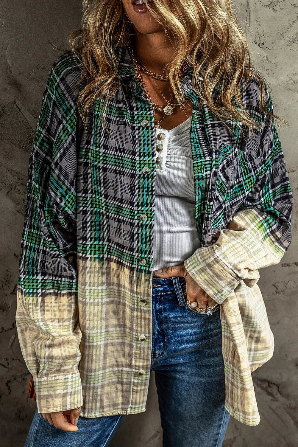 Blackish Green Contrast Plaid Patchwork Chest Pocket Button up Shacket - Chic Meadow Boutique 