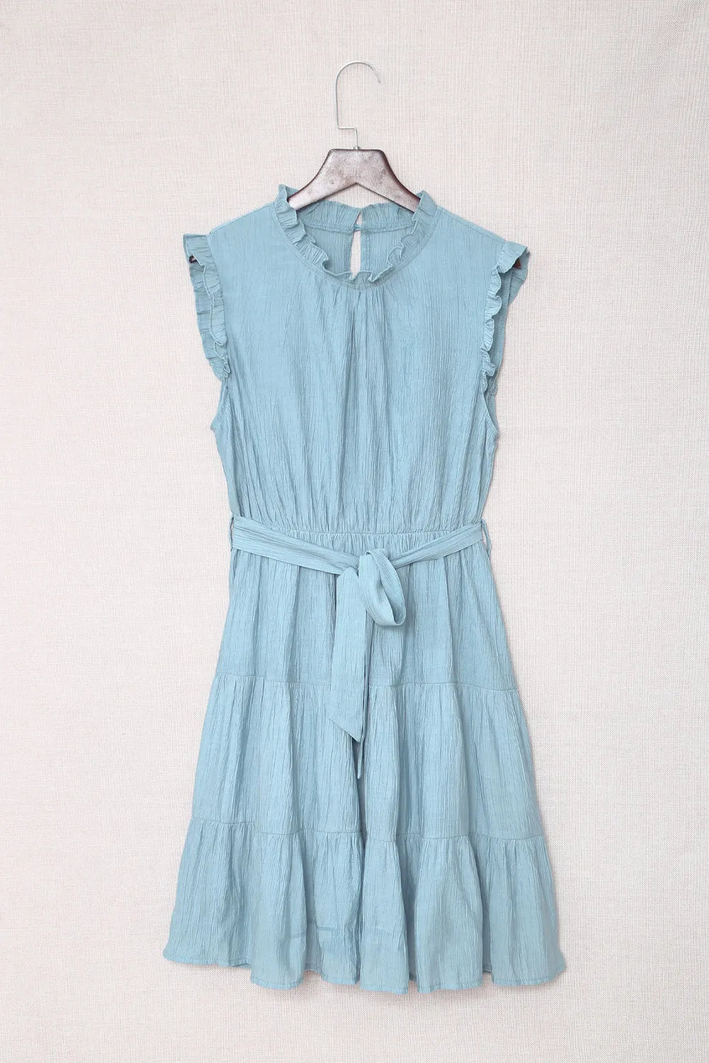 Sky Blue Frilled Neck Sleeveless Tiered Tulle Dress - Chic Meadow Boutique 