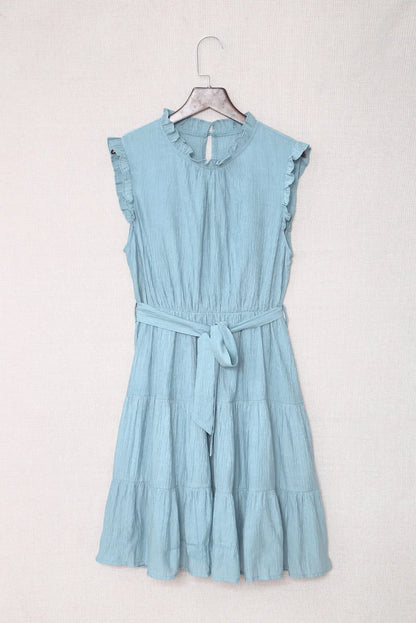 Sky Blue Frilled Neck Sleeveless Tiered Tulle Dress - Chic Meadow Boutique 