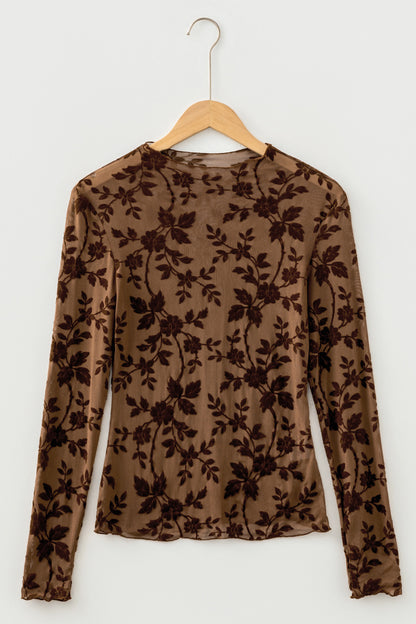 Apricot Floral Mesh Long Sleeve Round Neck Casual Sheath Top
