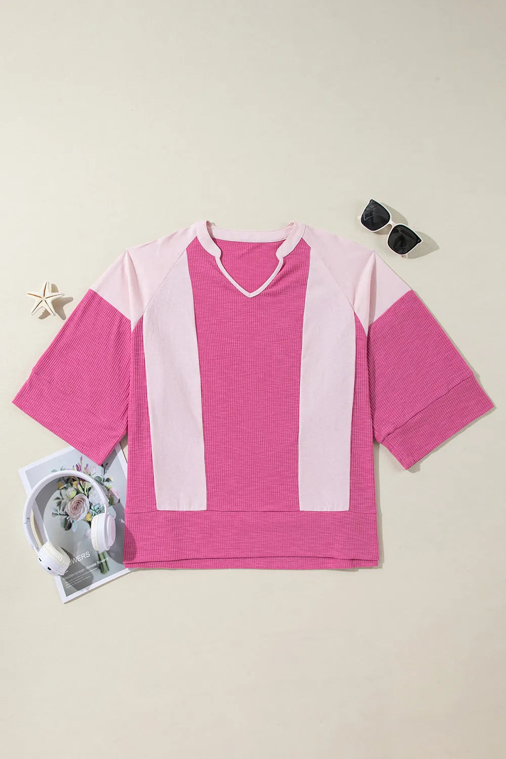 Bright Pink Textured Colorblock 3/4 Sleeve Oversize Top - Chic Meadow Boutique 