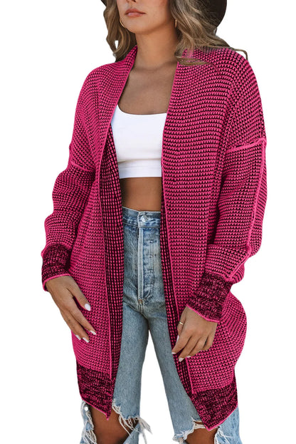 Rose Plaid Knitted Long Open Front Cardigan - Chic Meadow Boutique 