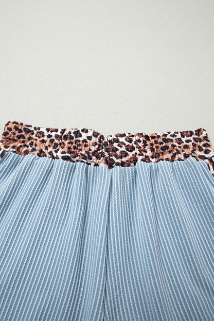 Sky Blue Leopard Trim Twist Ribbed Short Set