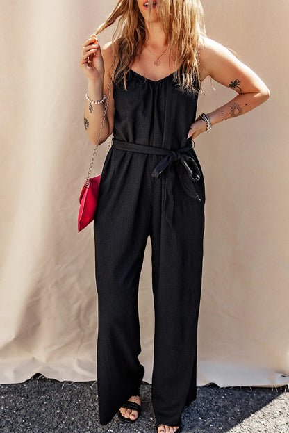 Black Textured Belted Wide Leg Sleeveless Jumpsuit - Chic Meadow Boutique 