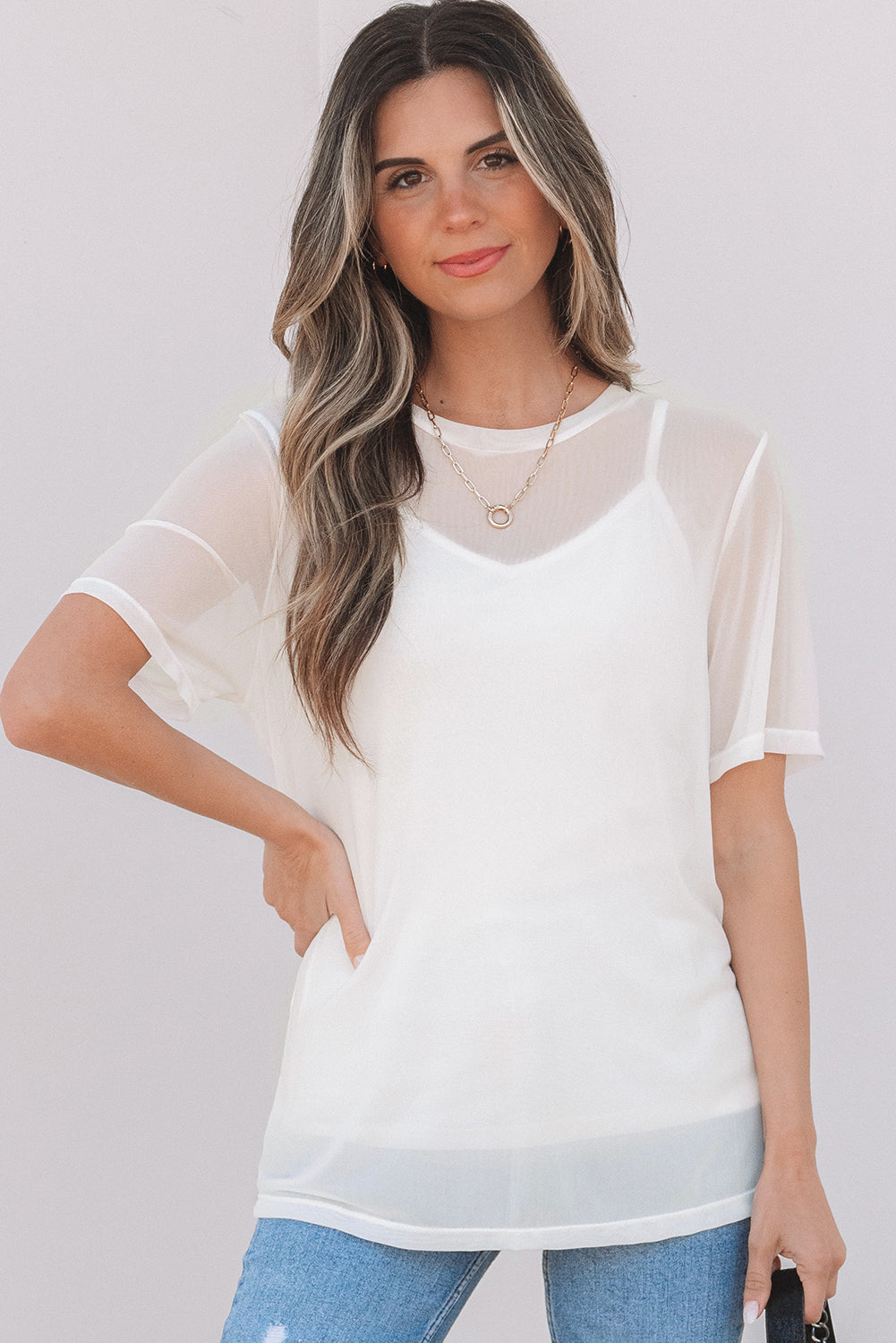 White Solid Color Sheer Mesh Patchwork Short Sleeve Top