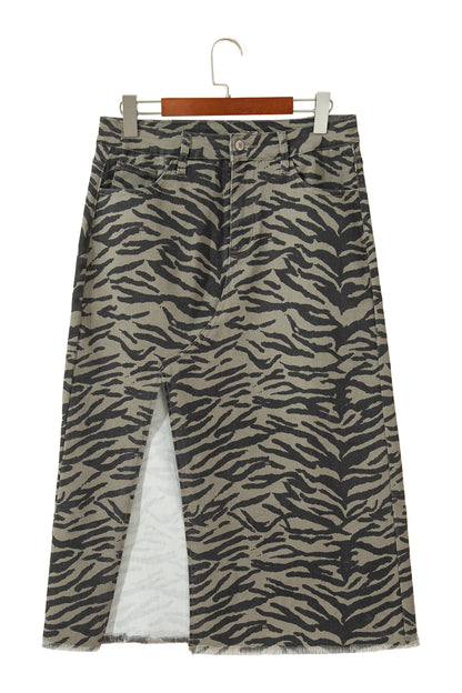 Brown Leopard Print Side Split Frayed Hem Denim Midi Skirt