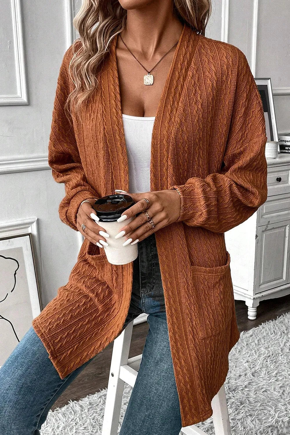 Chestnut Textured Knit Side Pockets Open Front Cardigan - Chic Meadow Boutique 