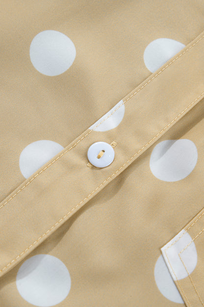 Khaki Polka Dot Print Three Quarter Sleeve Ruffle Hem Casual Shirt