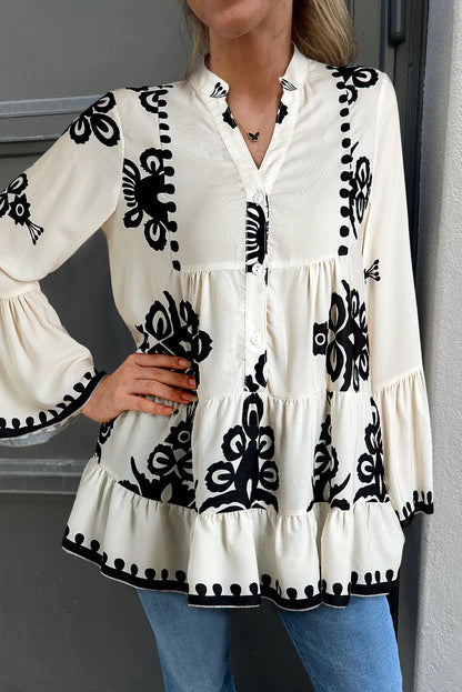 White Abstract Printed Bell Sleeve Buttoned Tiered Babydoll Blouse - Chic Meadow Boutique 