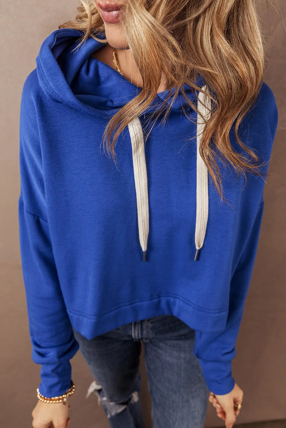 Dark Blue Solid Drop Shoulder Drawstring Cropped Hoodie - Chic Meadow Boutique 