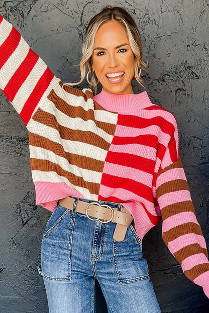 Pink Stripe Color Block High Neck Drop Shoulder Loose Sweater - Chic Meadow Boutique 