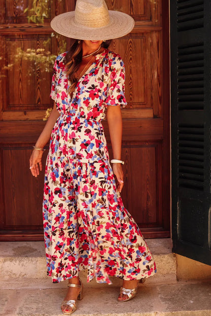 White Floral Print Short Sleeve Buttoned Split Maxi Dress - Chic Meadow Boutique 