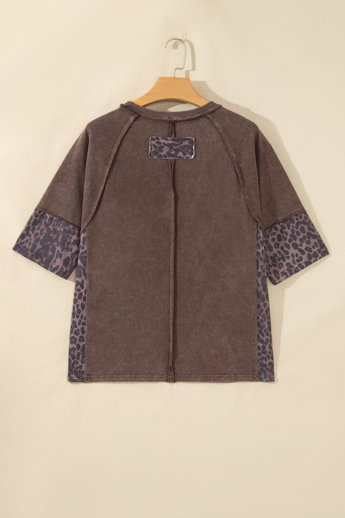 Coffee Mineral Wash Exposed Seam Leopard Star Patched T Shirt
