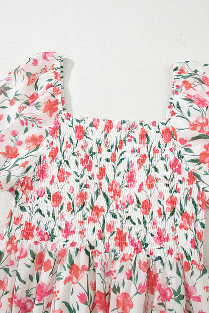 Pink Floral Puff Sleeve Square Neck Empire Waist Tiered Maxi Dress