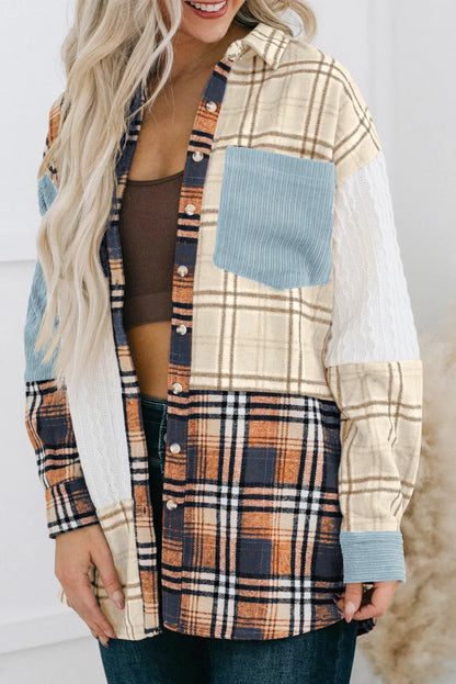 Blue Plaid Color Block Patchwork Shirt Jacket with Pocket - Chic Meadow Boutique 