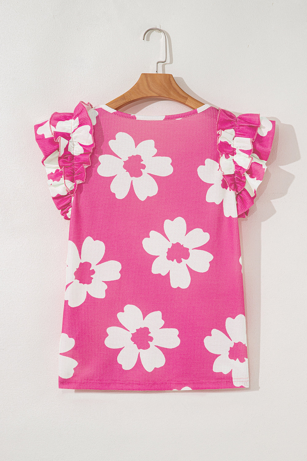 Pink Floral Textured Ruffled Short Sleeve Square Neck Blouse