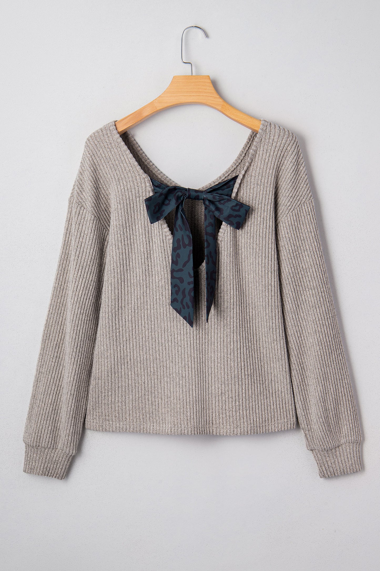 Simply Taupe Ribbed V Neck Contrast Ribbon Bow Back Drop Shoulder Long Sleeve Top