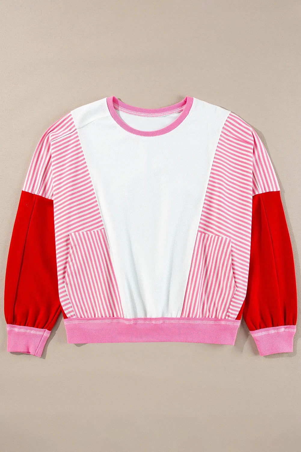 Rose Red Striped Patchwork Batwing Sleeve Pocketed Sweatshirt - Chic Meadow Boutique 