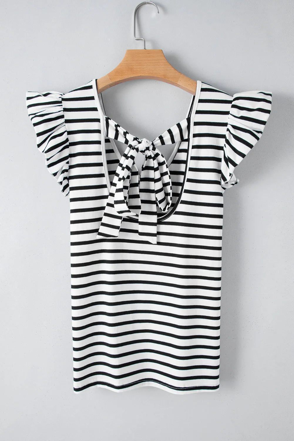 White Stripe Butterfly Sleeve V Neck Hollowed Knot Back T Shirt - Chic Meadow Boutique 