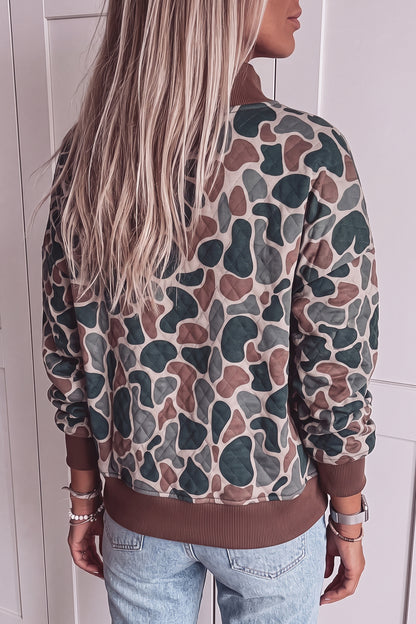 Multicolour Camouflage Print Quilted Contrast Ribbed Mock Neck Sweatshirt