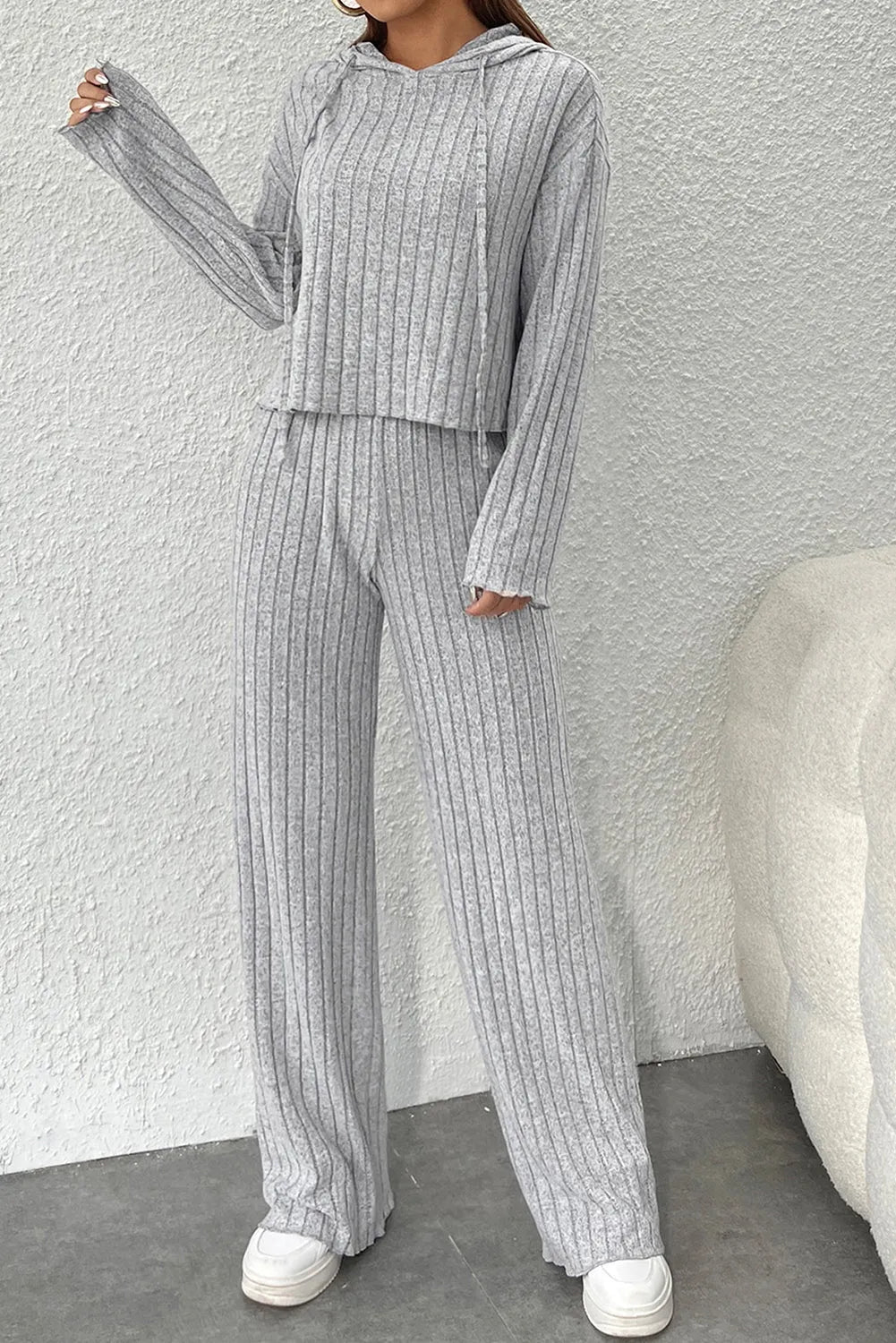 Gray Ribbed Knit Slouchy Hoodie Wide Leg Pants Set - Chic Meadow Boutique 