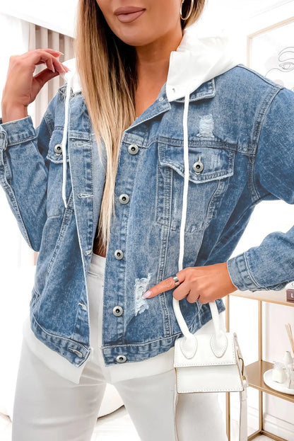 Sky Blue Distressed Contrast Hooded Denim Jacket with Pockets - Chic Meadow Boutique 