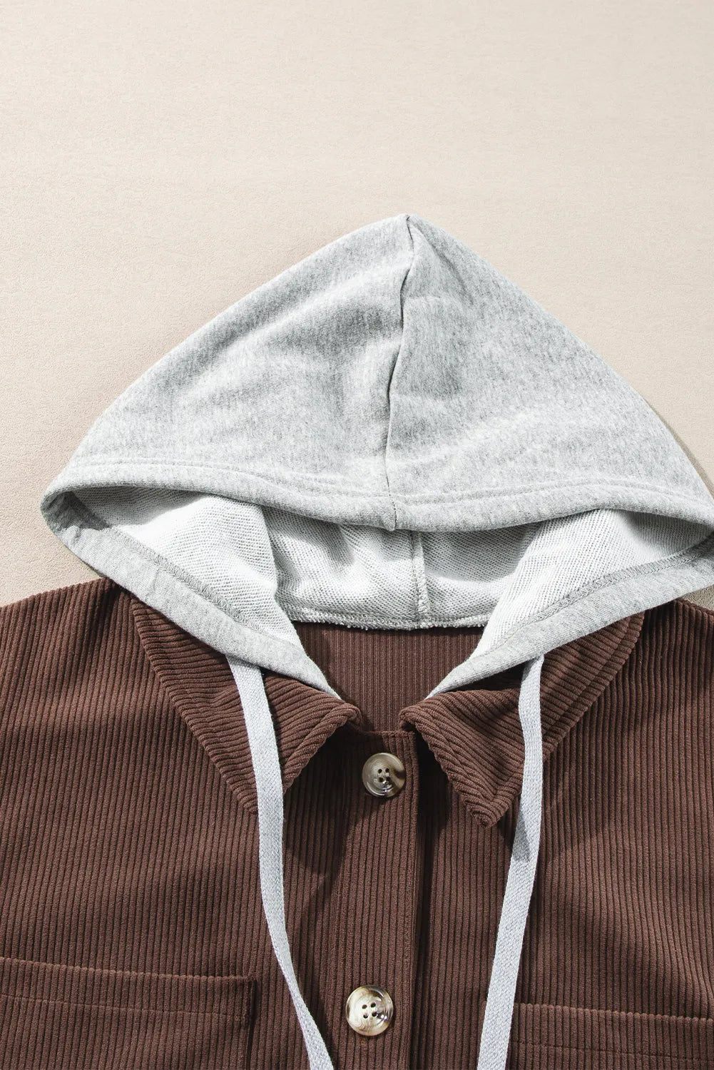 Coffee Hooded Drawstring Pockets Corduroy Shacket - Chic Meadow Boutique 