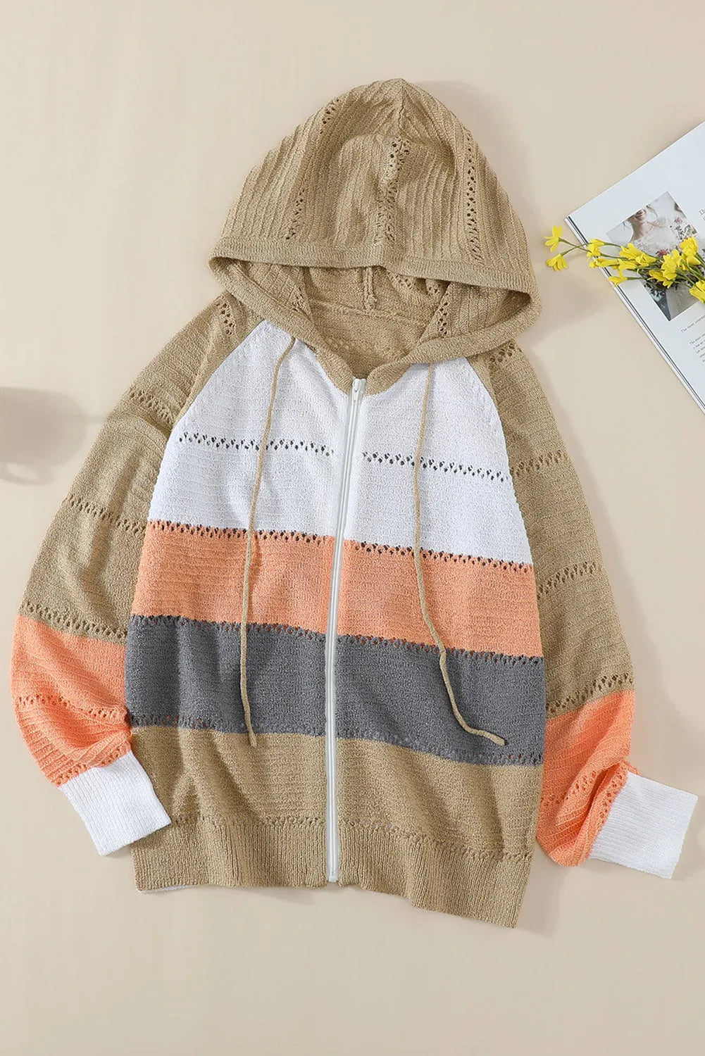 Multicolor Zipped Front Colorblock Hollow-out Knit Hoodie - Chic Meadow Boutique 