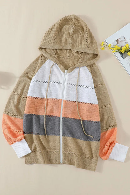 Multicolor Zipped Front Colorblock Hollow-out Knit Hoodie - Chic Meadow Boutique 