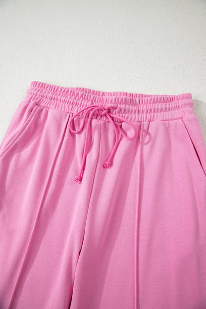Bright Pink Polo Collar V Neck Pullover and Drawstring Sweatpants Set